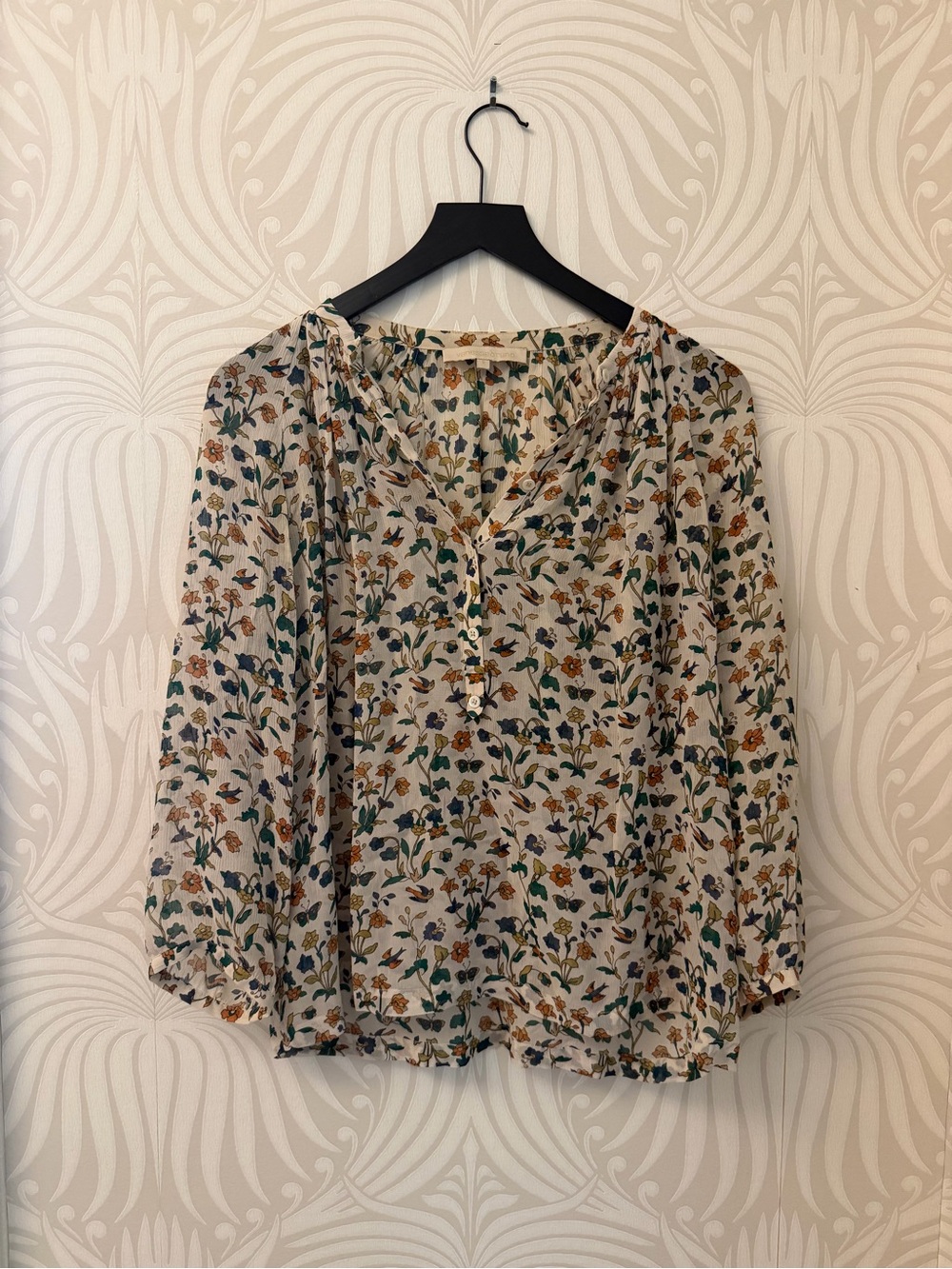 Vanessa Bruno 100% Silk Floral Bird Butterfly Print Blouse Size S